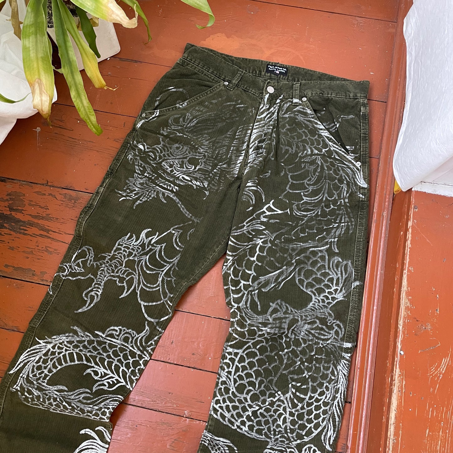 Custom Polo Ralph Lauren Dragon Pants – Handprinted White Dragon on Dark Olive Pants | Vintage Workwear 1 of 1