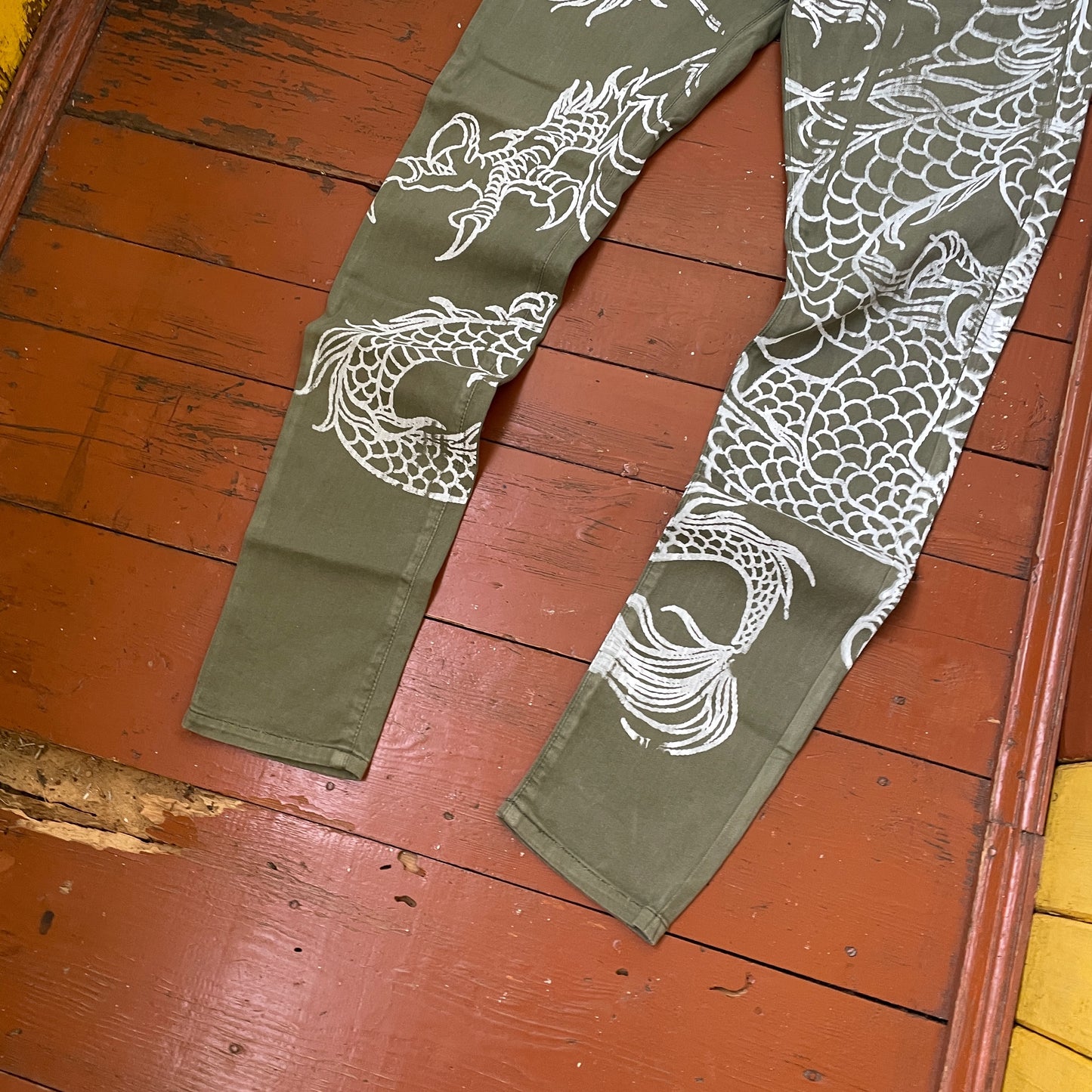 Custom Carhartt Dragon Pants – Handprinted White Dragon on Olive Green Pants | Vintage Workwear 1 of 1