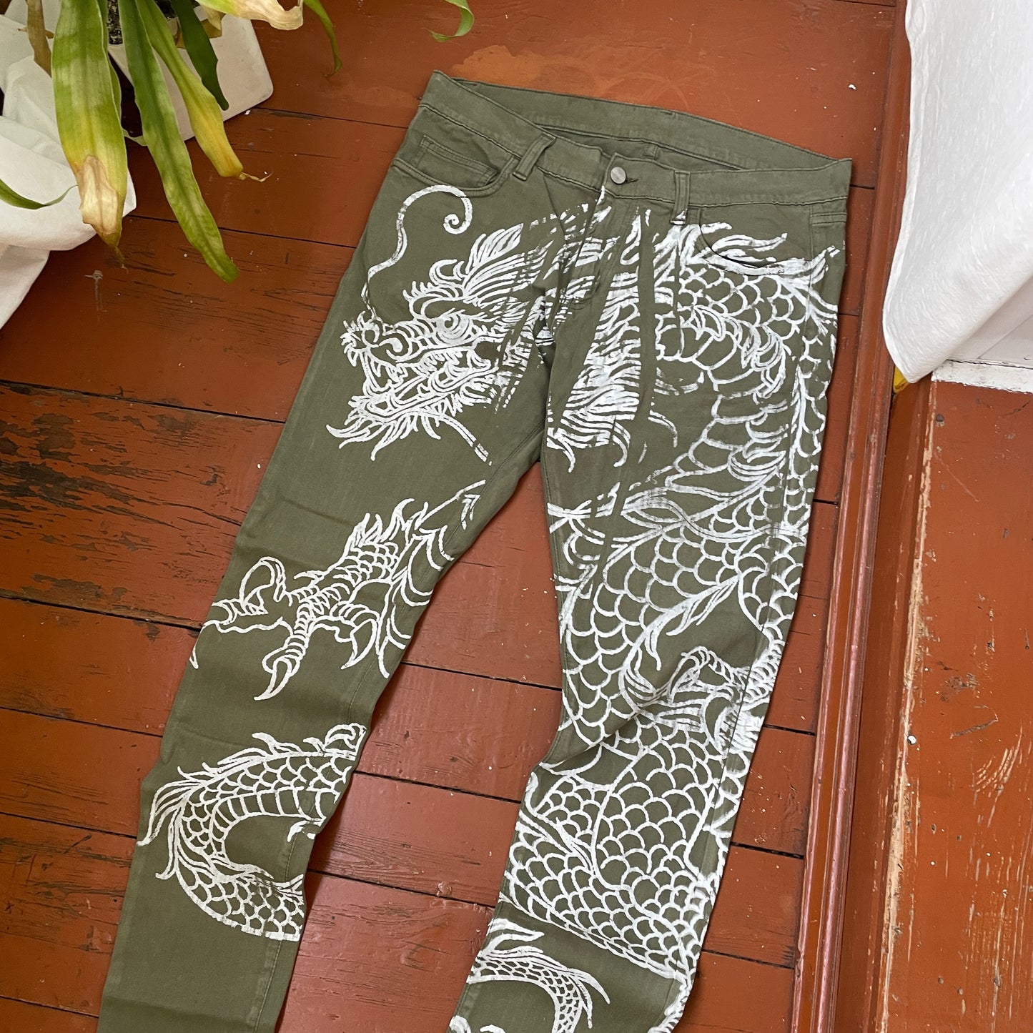 Custom Carhartt Dragon Pants – Handprinted White Dragon on Olive Green Pants | Vintage Workwear 1 of 1