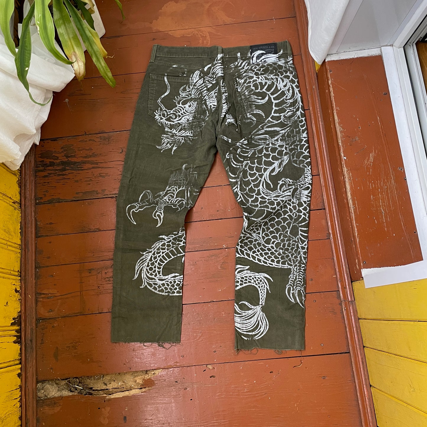 Custom Dickies Dragon Pants โ Handprinted White Dragon on Olive Green Canvas | Vintage Workwear 1 of 1