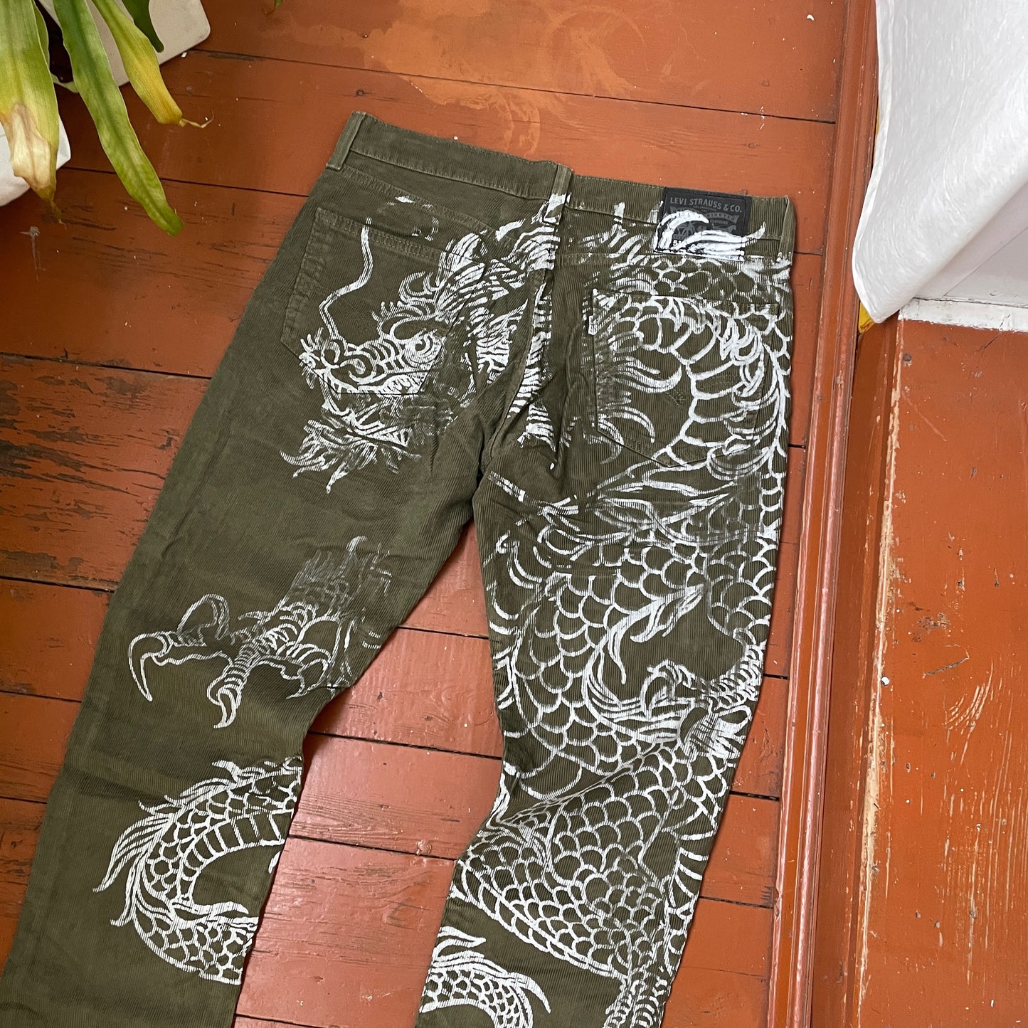 Custom Dickies Dragon Pants โ Handprinted White Dragon on Olive Green Canvas | Vintage Workwear 1 of 1