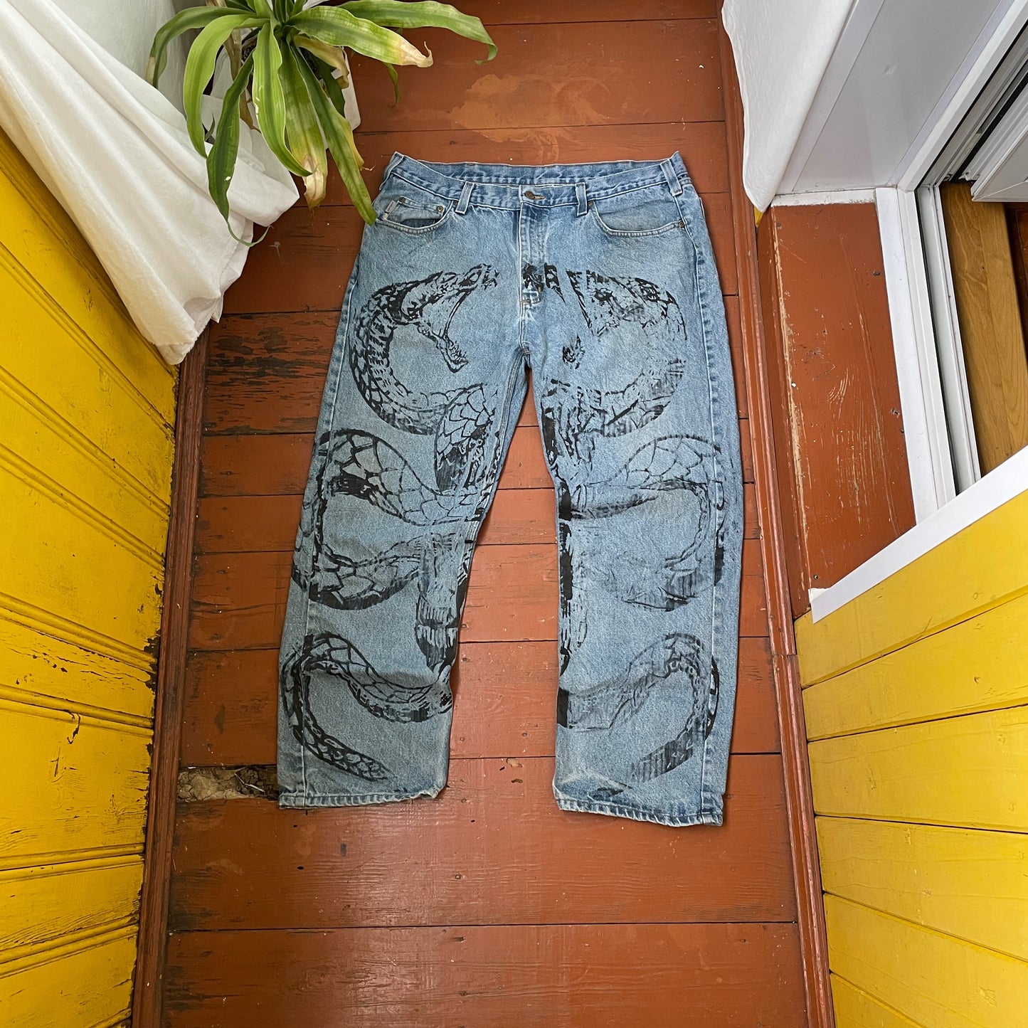 Custom Carhartt Snake Jeans โ 90s Vintage Denim with Black Serpent Print | 1 of 1 Streetwear Art