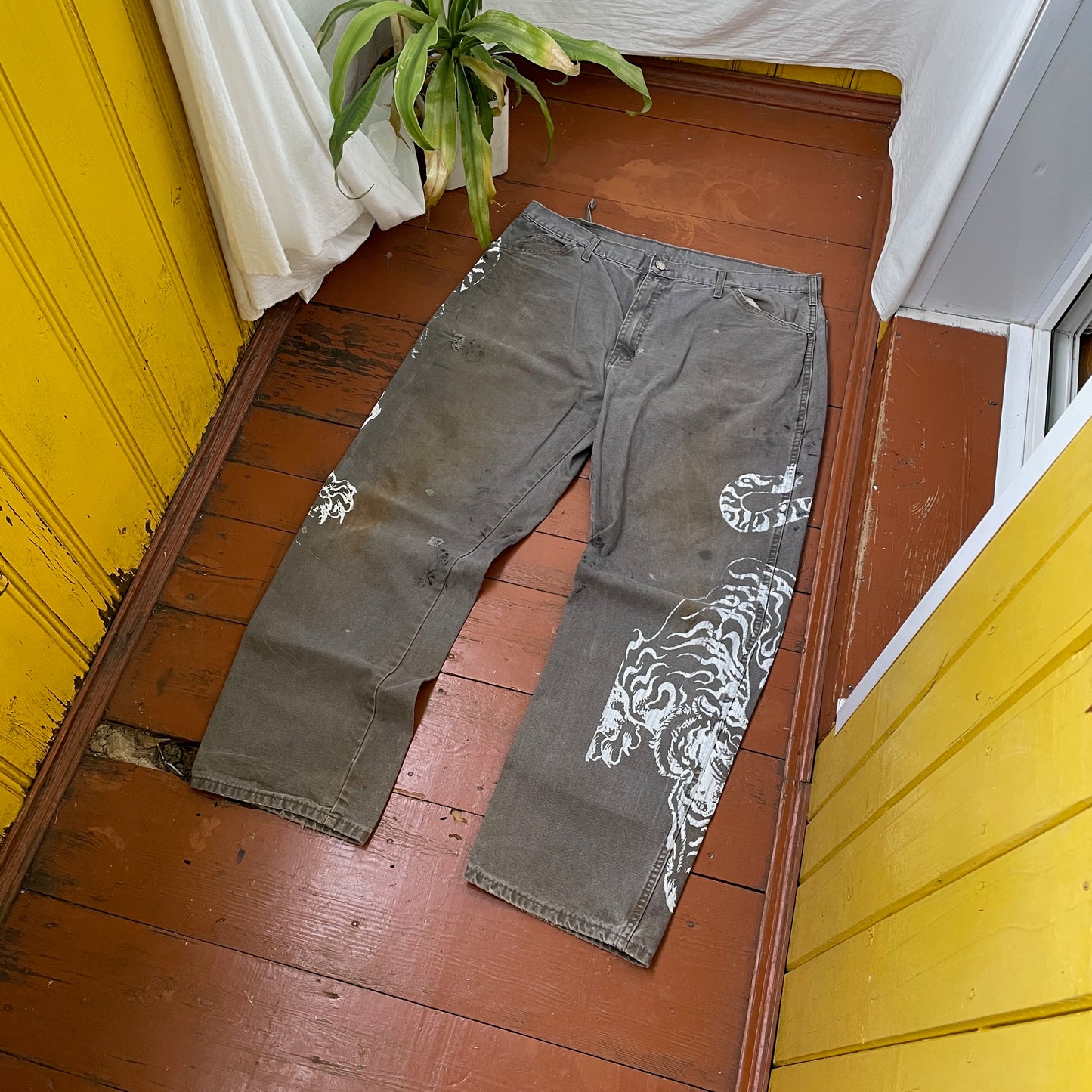 Custom Dickies Tiger Pants โ Distressed Grey Work Pants with White Tiger Print | Vintage 1 of 1