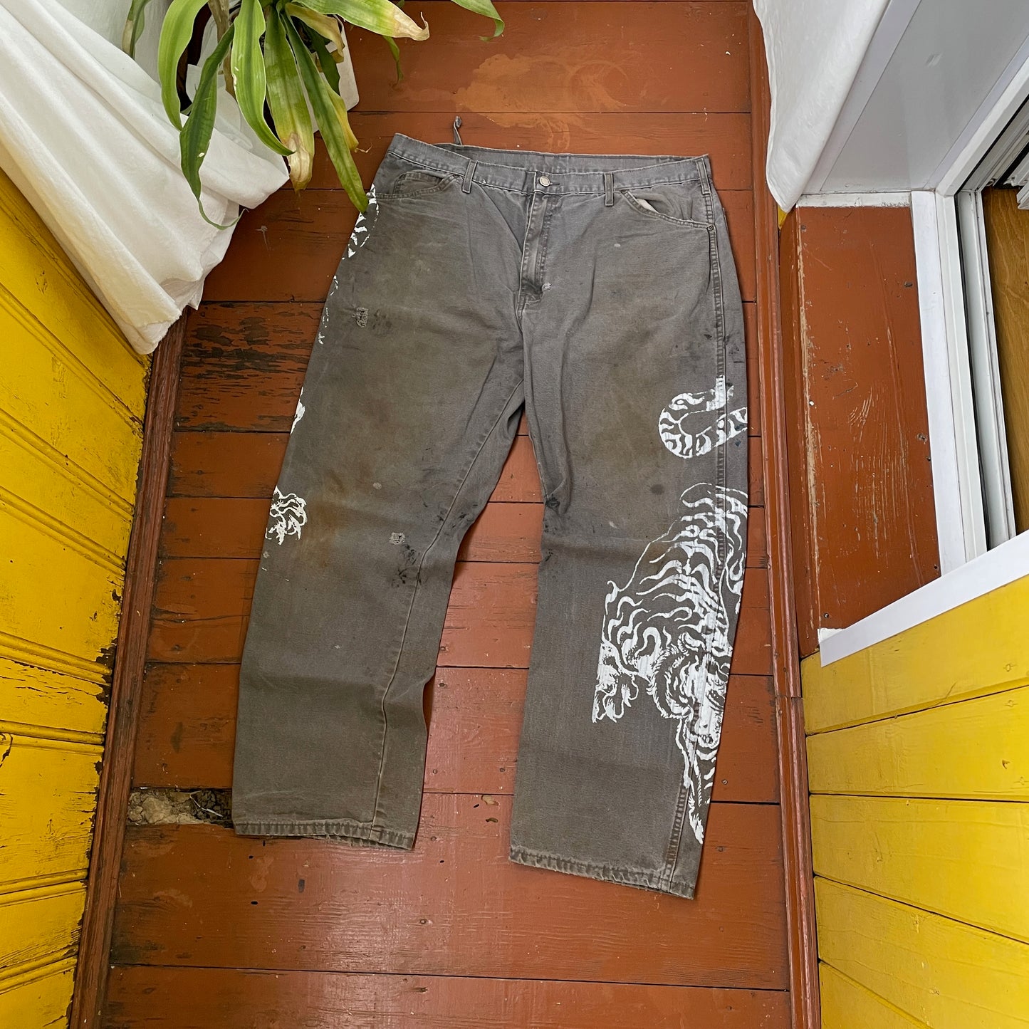 Custom Dickies Tiger Pants โ Distressed Grey Work Pants with White Tiger Print | Vintage 1 of 1