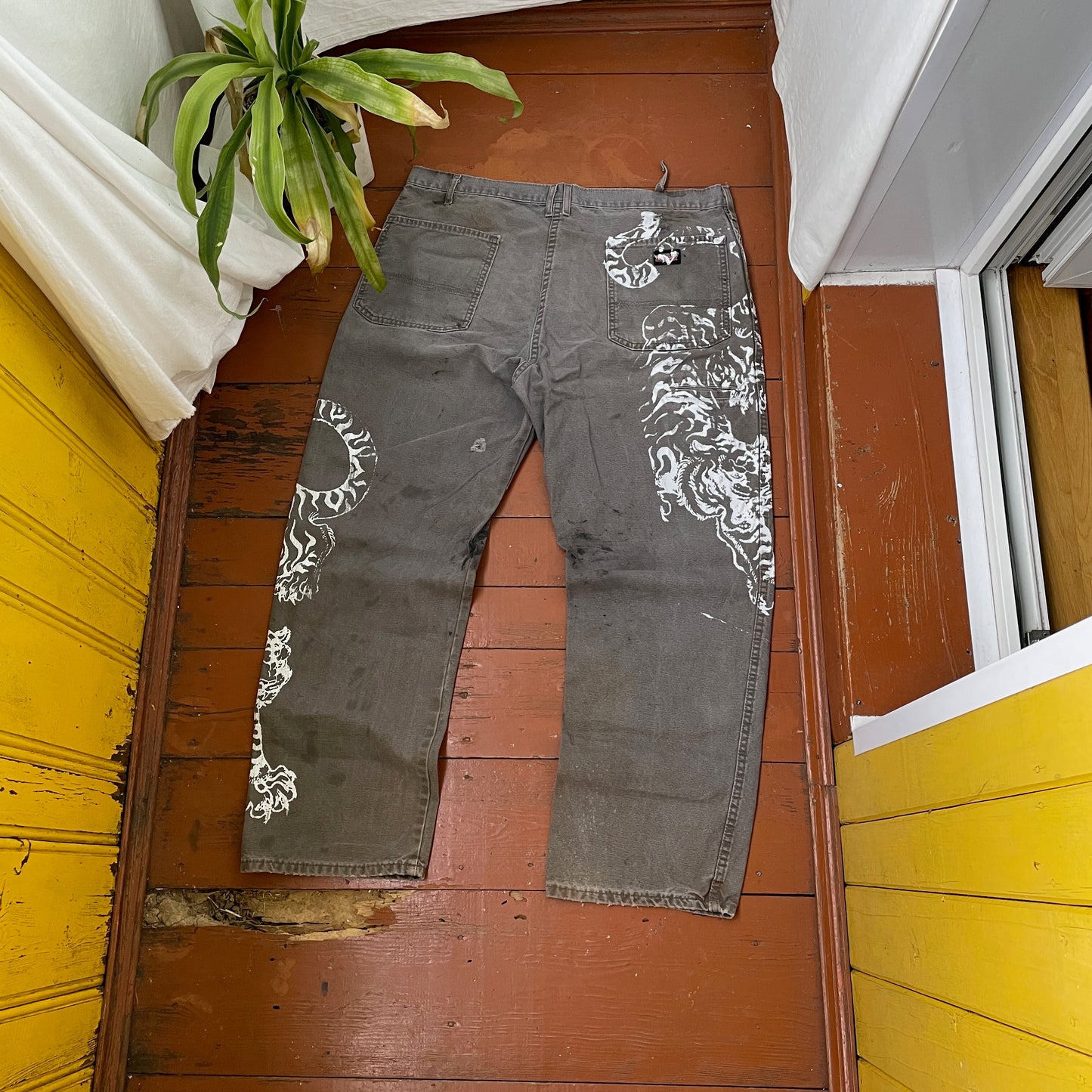 Custom Dickies Tiger Pants โ Distressed Grey Work Pants with White Tiger Print | Vintage 1 of 1