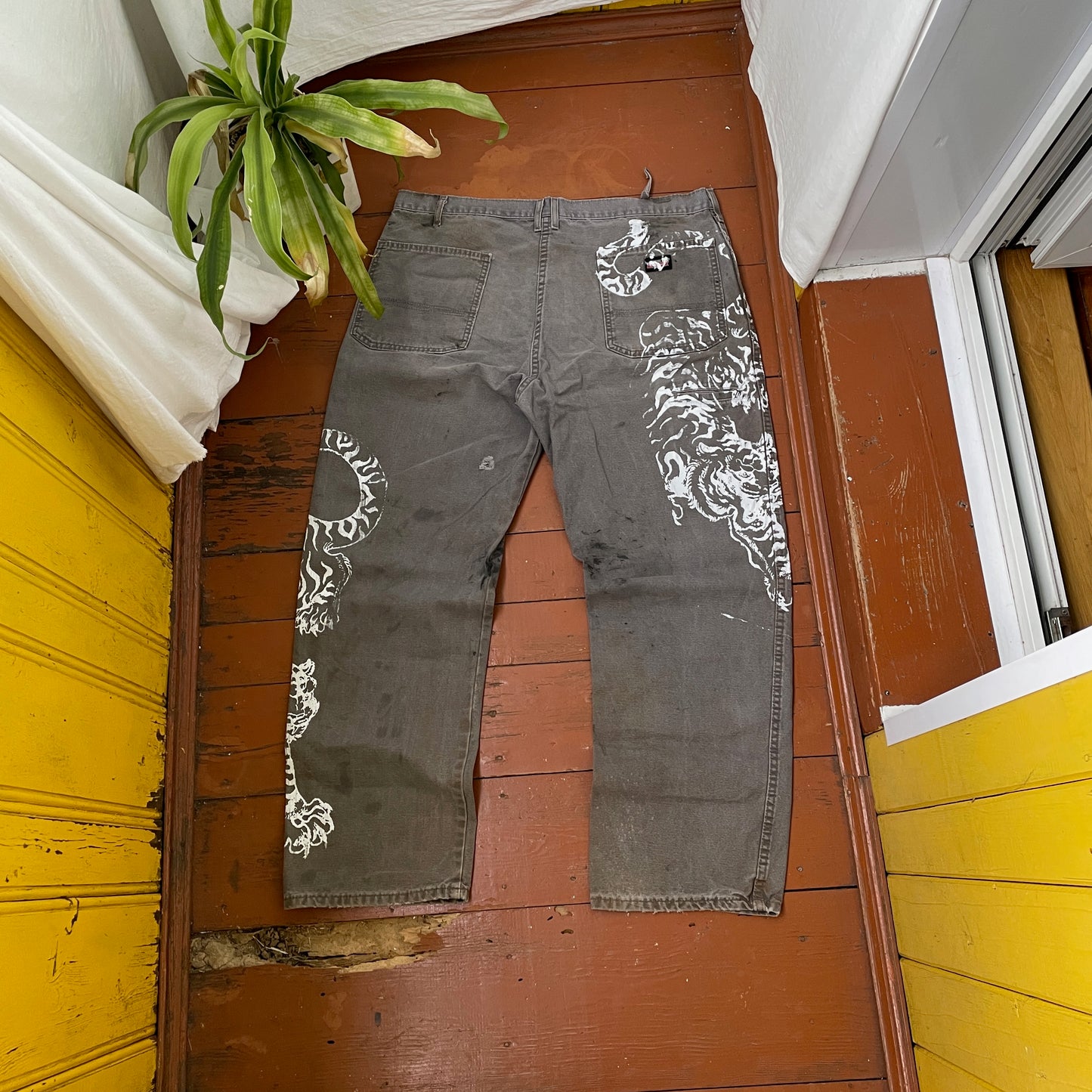 Custom Dickies Tiger Pants โ Distressed Grey Work Pants with White Tiger Print | Vintage 1 of 1