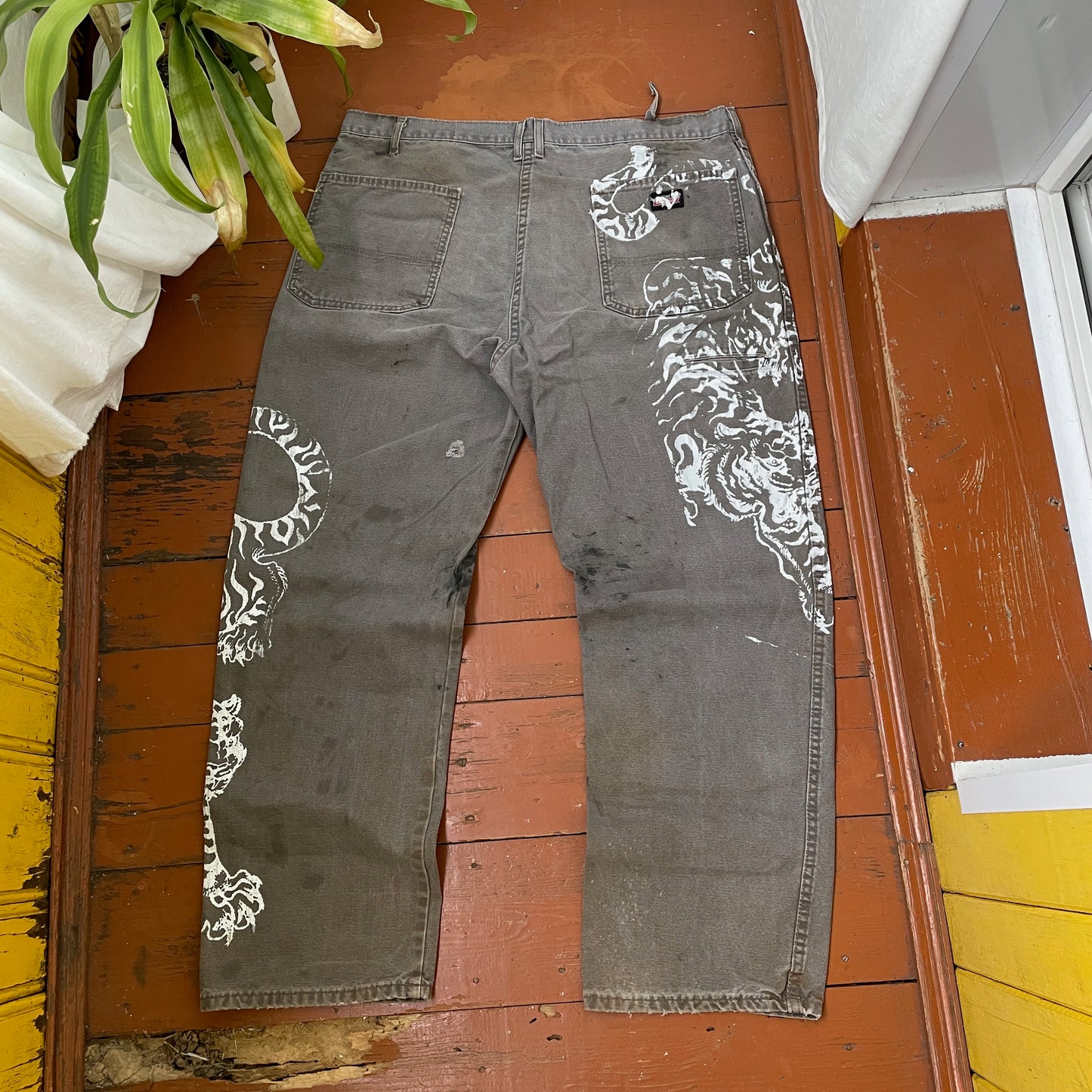 Custom Dickies Tiger Pants โ Distressed Grey Work Pants with White Tiger Print | Vintage 1 of 1