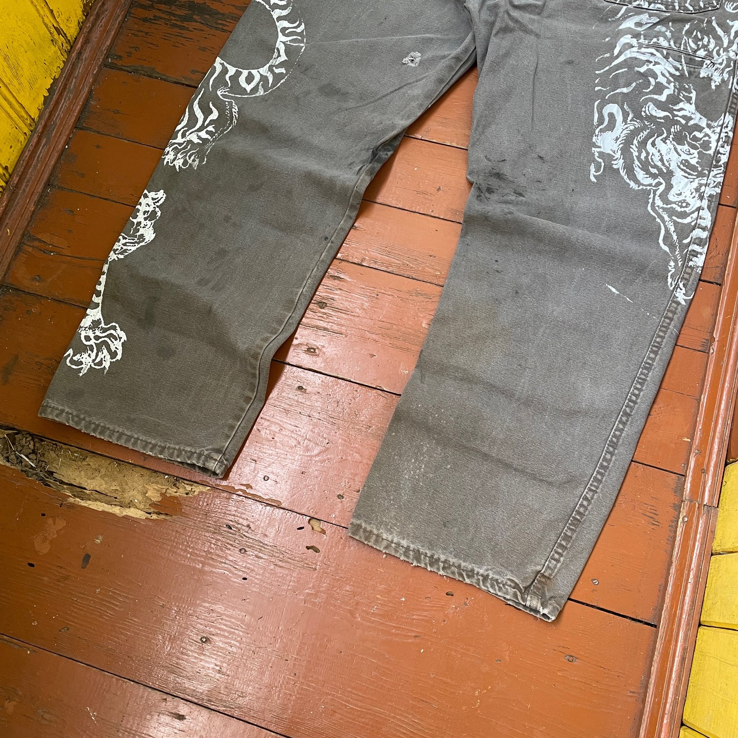 Custom Dickies Tiger Pants โ Distressed Grey Work Pants with White Tiger Print | Vintage 1 of 1