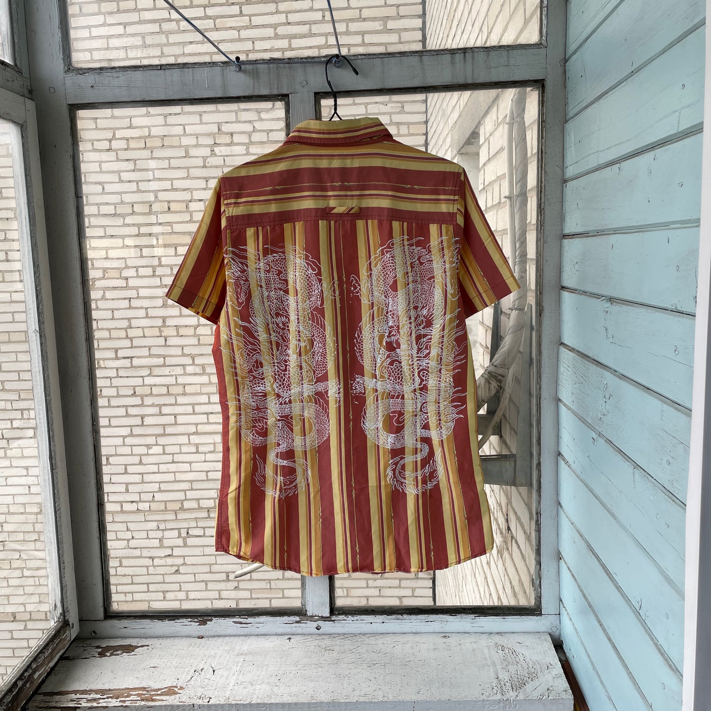 Custom Oakley Dragon Shirt – Striped Short-Sleeve with White Twin Dragon Print | Y2K Retro Streetwear 1 of 1