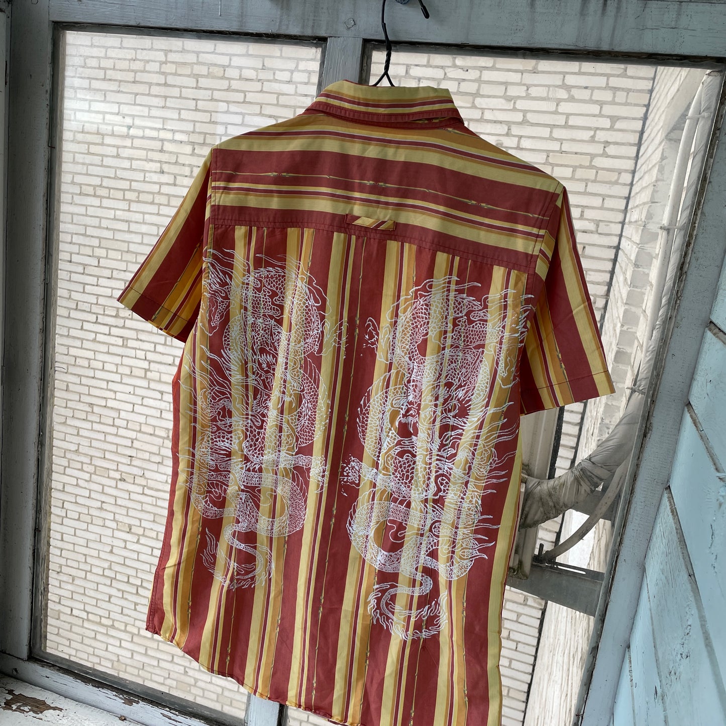 Custom Oakley Dragon Shirt – Striped Short-Sleeve with White Twin Dragon Print | Y2K Retro Streetwear 1 of 1