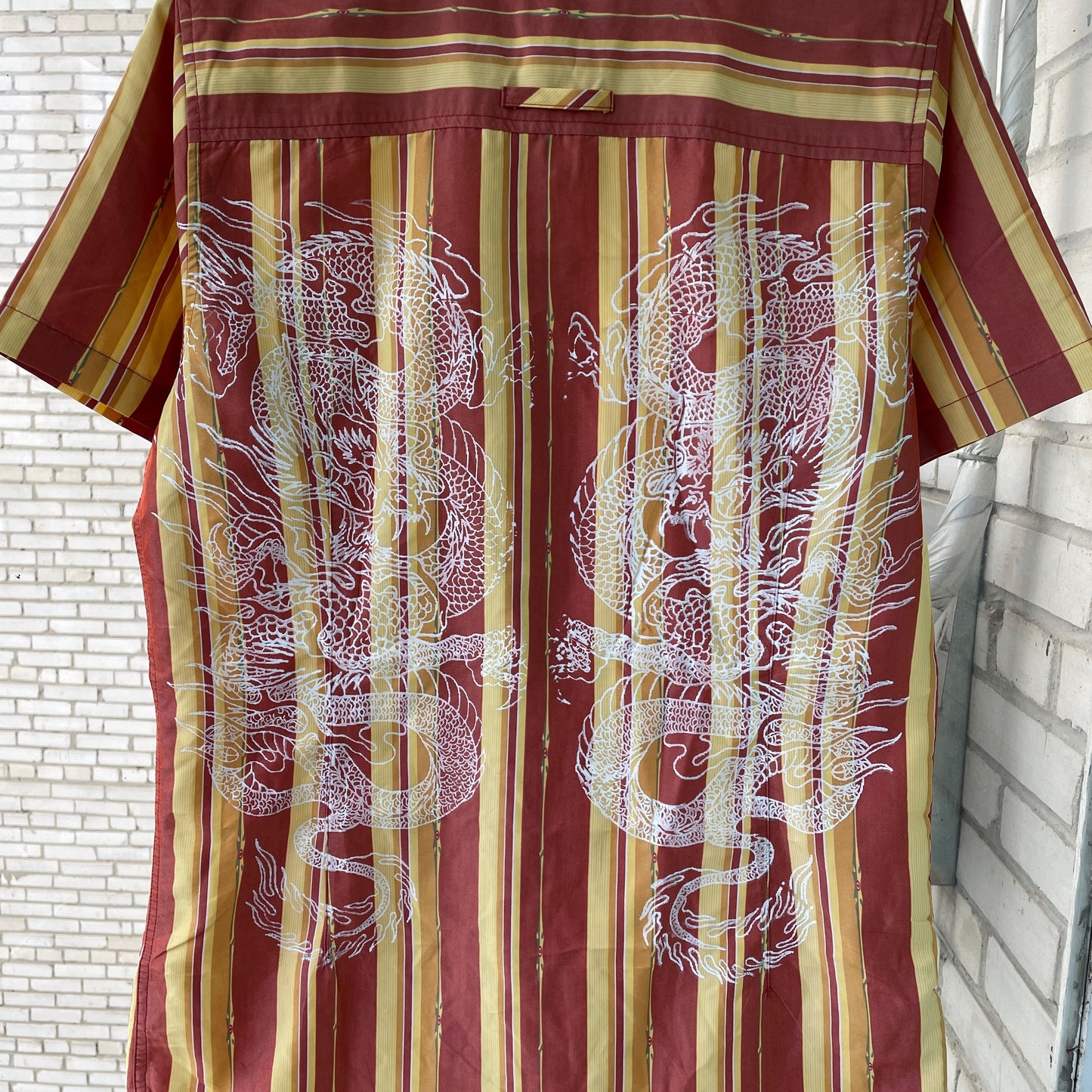 Custom Oakley Dragon Shirt – Striped Short-Sleeve with White Twin Dragon Print | Y2K Retro Streetwear 1 of 1