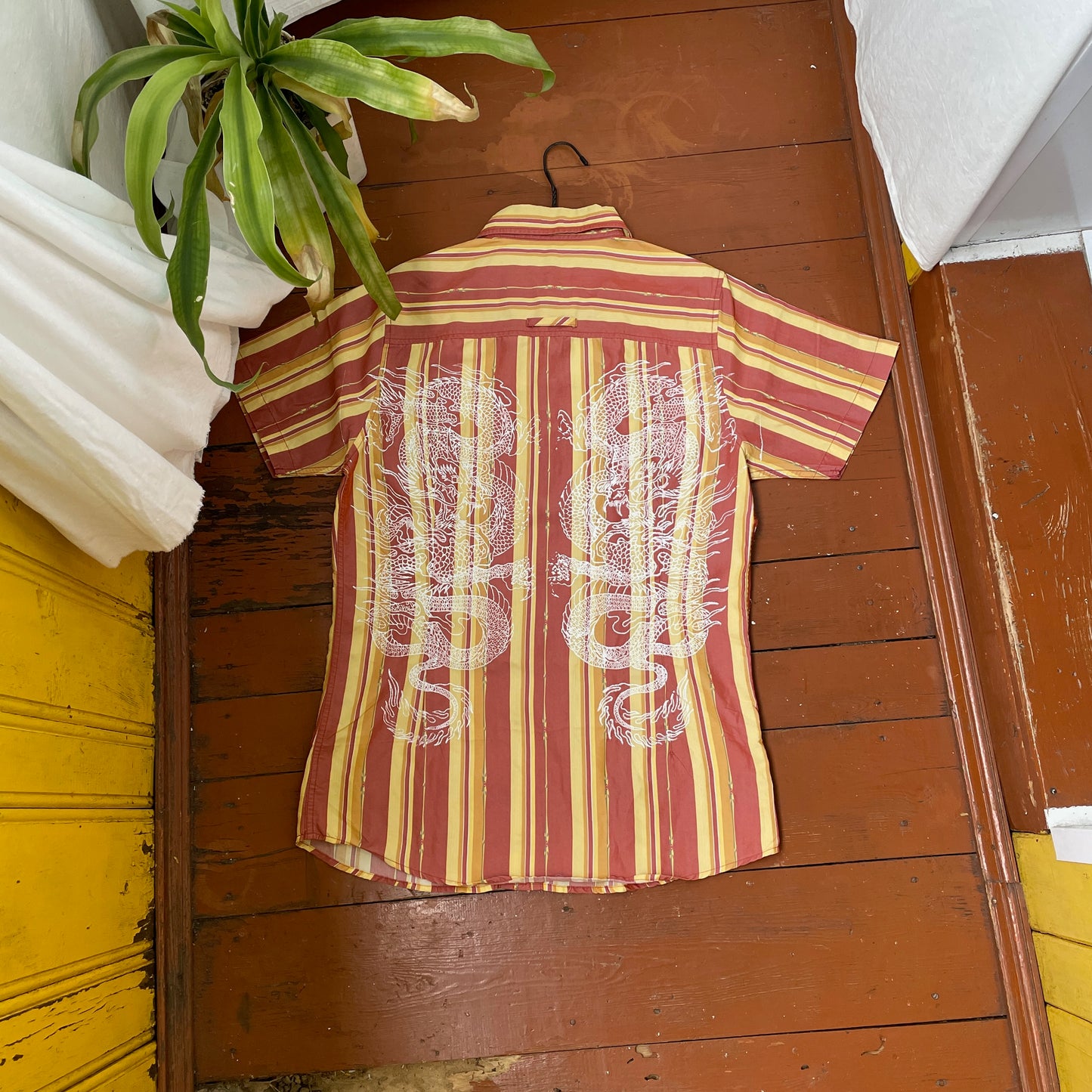 Custom Oakley Dragon Shirt – Striped Short-Sleeve with White Twin Dragon Print | Y2K Retro Streetwear 1 of 1