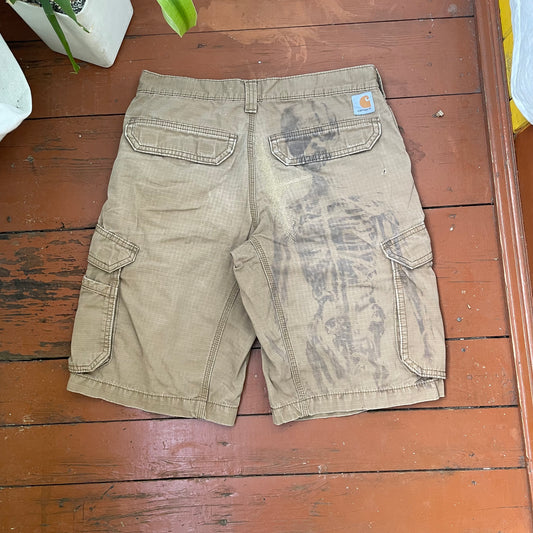 Custom Carhartt Cargo Shorts – Hand-Printed Skeleton Artwork | Grunge Vintage Workwear 1 of 1