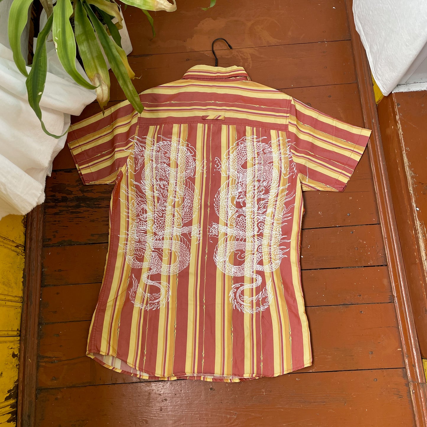 Custom Oakley Dragon Shirt – Striped Short-Sleeve with White Twin Dragon Print | Y2K Retro Streetwear 1 of 1