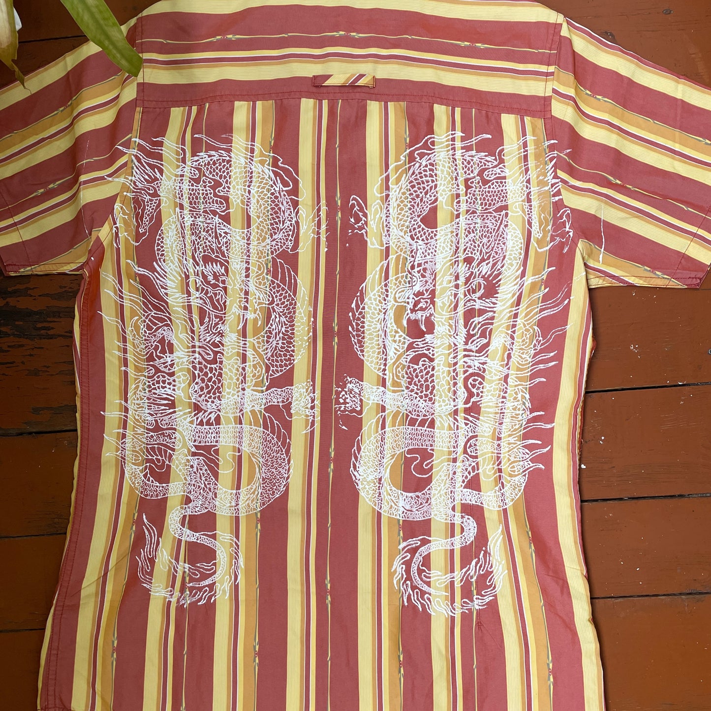 Custom Oakley Dragon Shirt – Striped Short-Sleeve with White Twin Dragon Print | Y2K Retro Streetwear 1 of 1