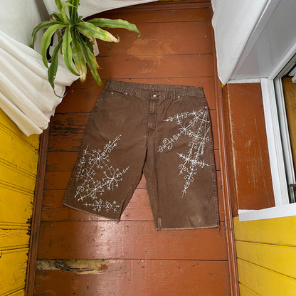 Custom Dickies Shorts – Brown Canvas with Ornamental White Art Print | 1 of 1 Streetwear Piece