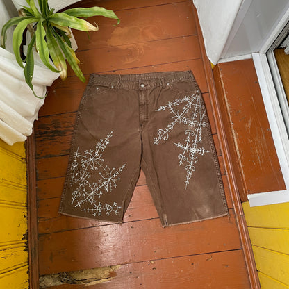 Custom Dickies Shorts – Brown Canvas with Ornamental White Art Print | 1 of 1 Streetwear Piece