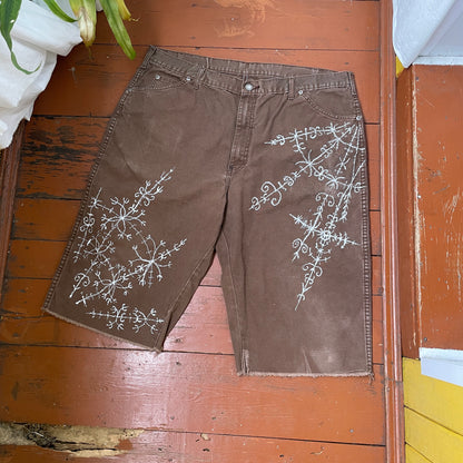 Custom Dickies Shorts – Brown Canvas with Ornamental White Art Print | 1 of 1 Streetwear Piece