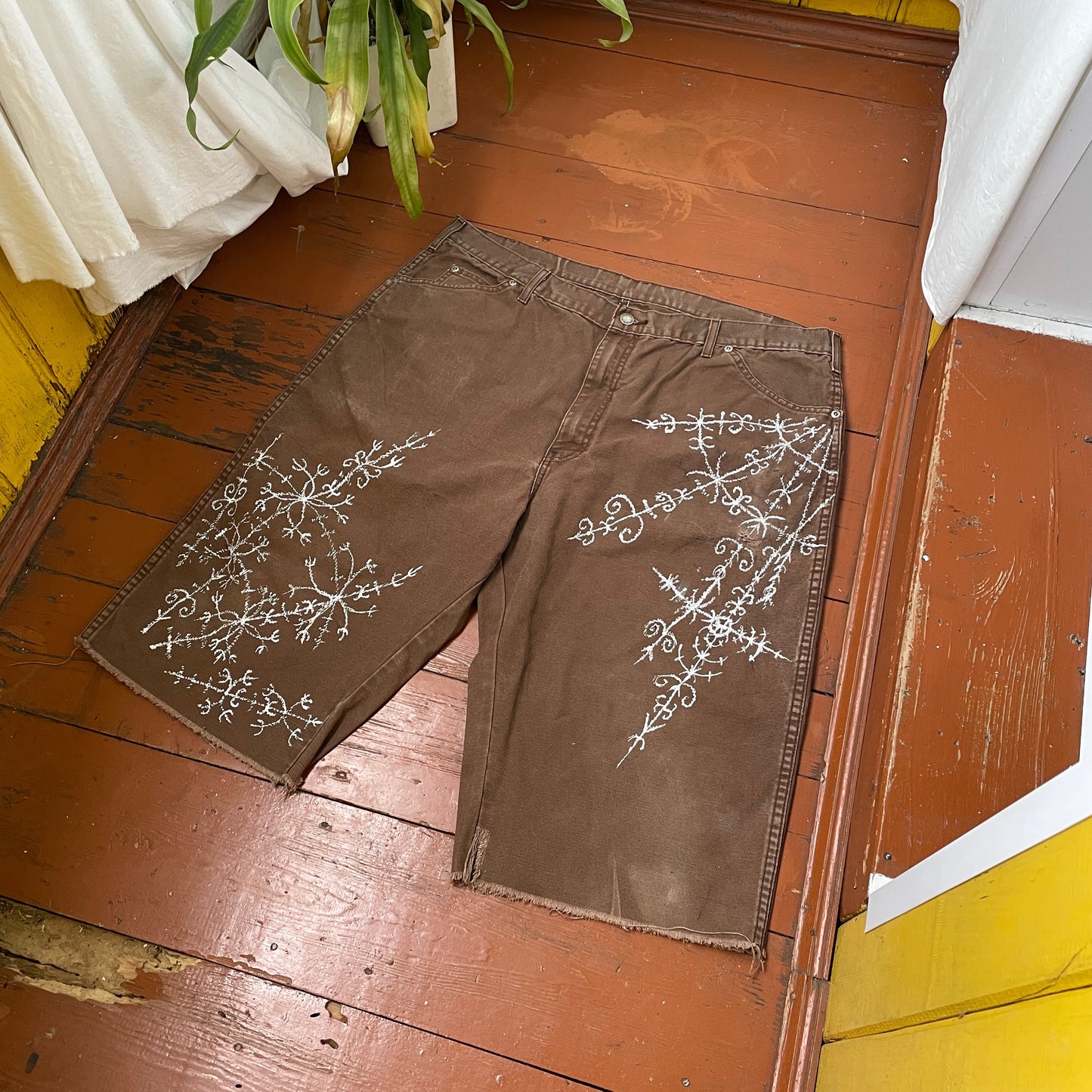 Custom Dickies Shorts – Brown Canvas with Ornamental White Art Print | 1 of 1 Streetwear Piece