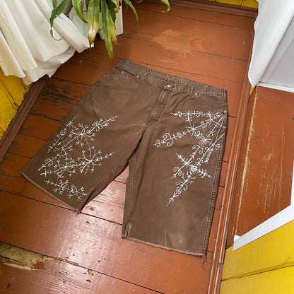 Custom Dickies Shorts – Brown Canvas with Ornamental White Art Print | 1 of 1 Streetwear Piece