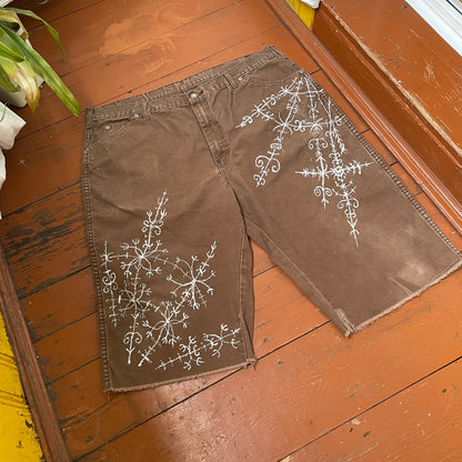 Custom Dickies Shorts – Brown Canvas with Ornamental White Art Print | 1 of 1 Streetwear Piece