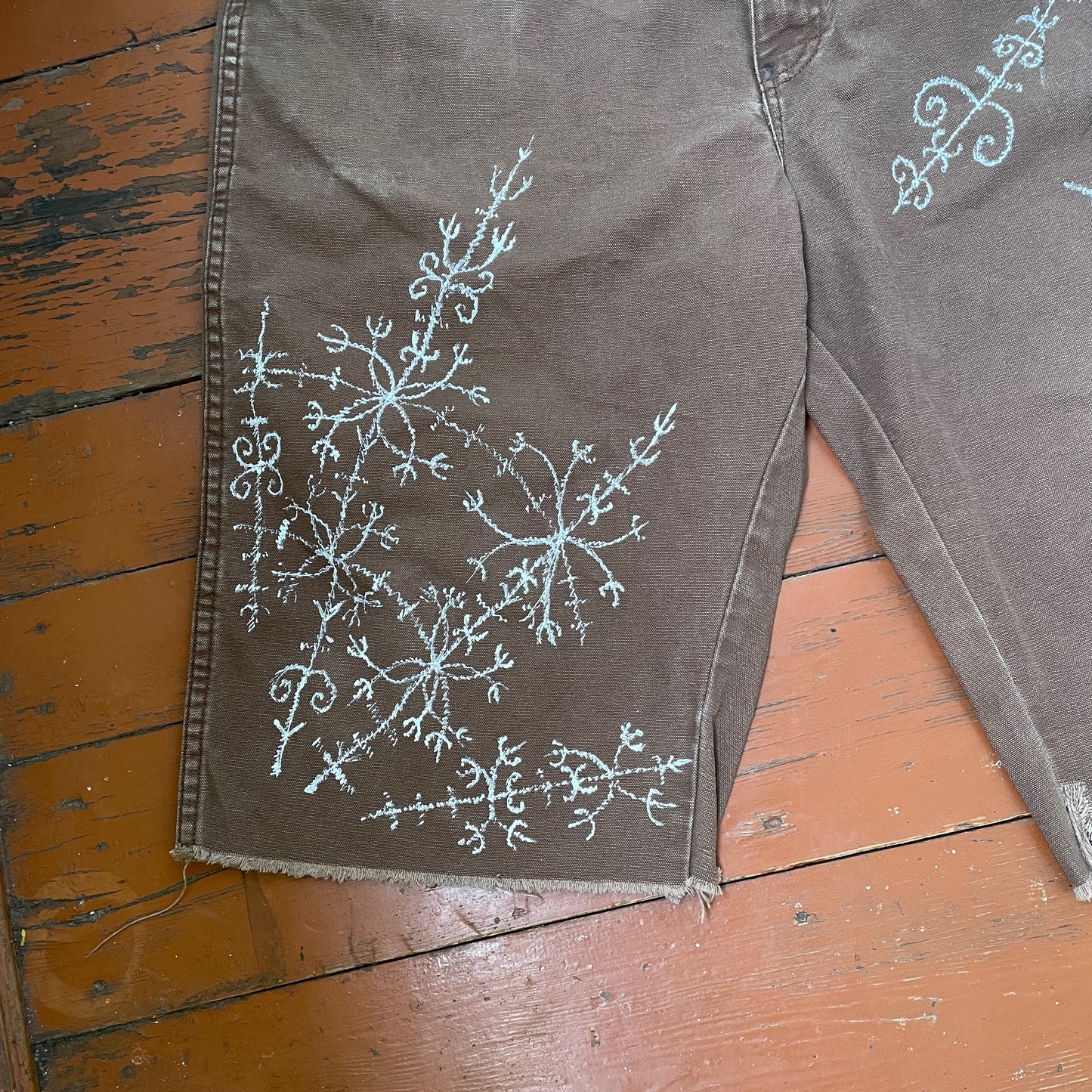 Custom Dickies Shorts – Brown Canvas with Ornamental White Art Print | 1 of 1 Streetwear Piece