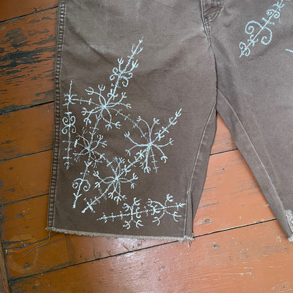 Custom Dickies Shorts – Brown Canvas with Ornamental White Art Print | 1 of 1 Streetwear Piece