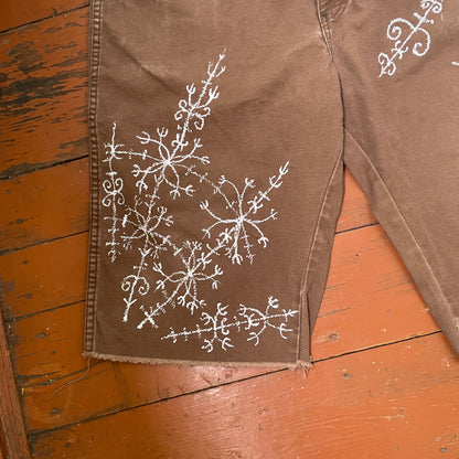 Custom Dickies Shorts – Brown Canvas with Ornamental White Art Print | 1 of 1 Streetwear Piece
