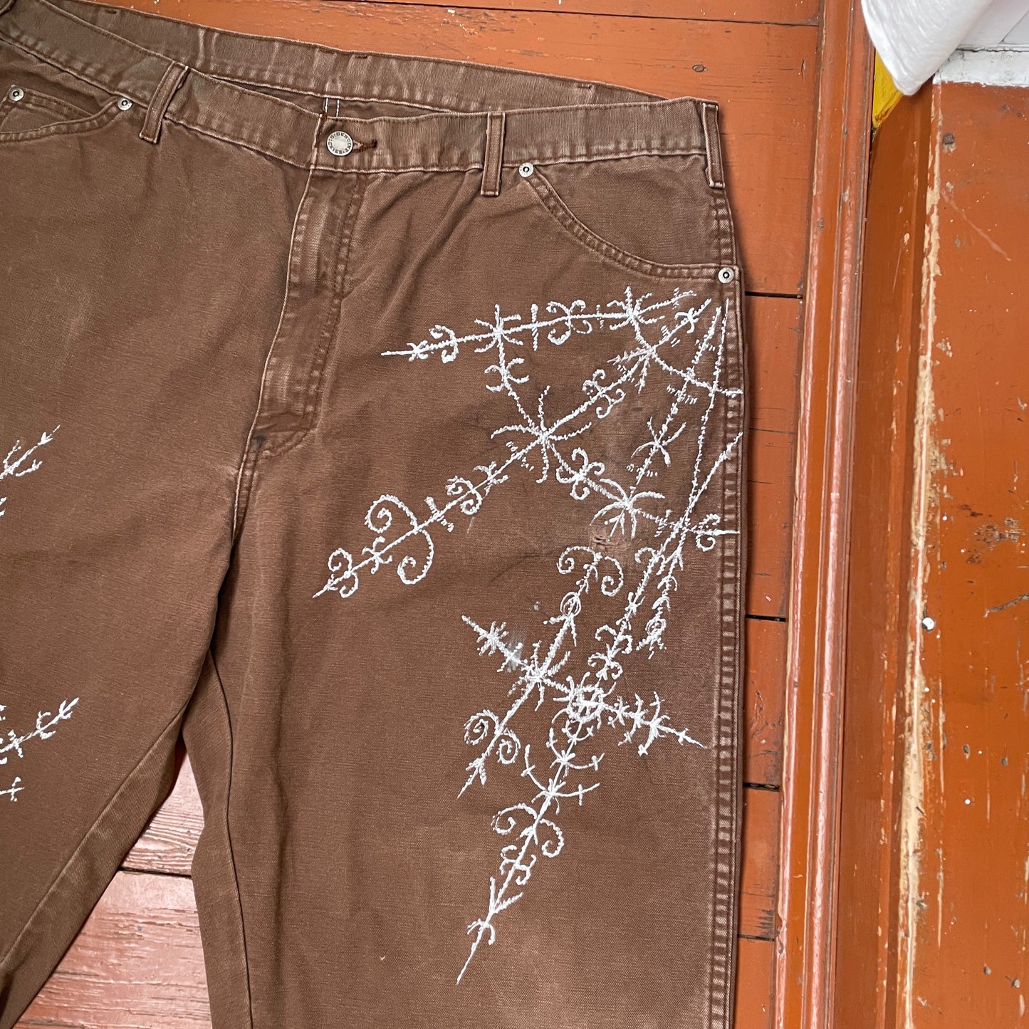 Custom Dickies Shorts – Brown Canvas with Ornamental White Art Print | 1 of 1 Streetwear Piece