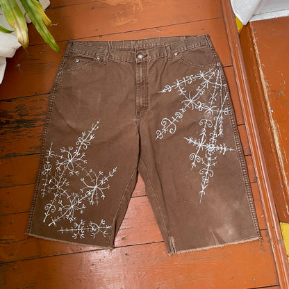Custom Dickies Shorts – Brown Canvas with Ornamental White Art Print | 1 of 1 Streetwear Piece