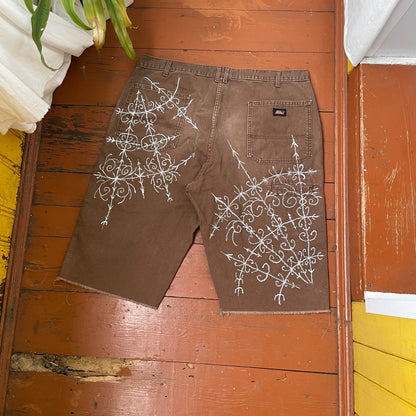 Custom Dickies Shorts – Brown Canvas with Ornamental White Art Print | 1 of 1 Streetwear Piece