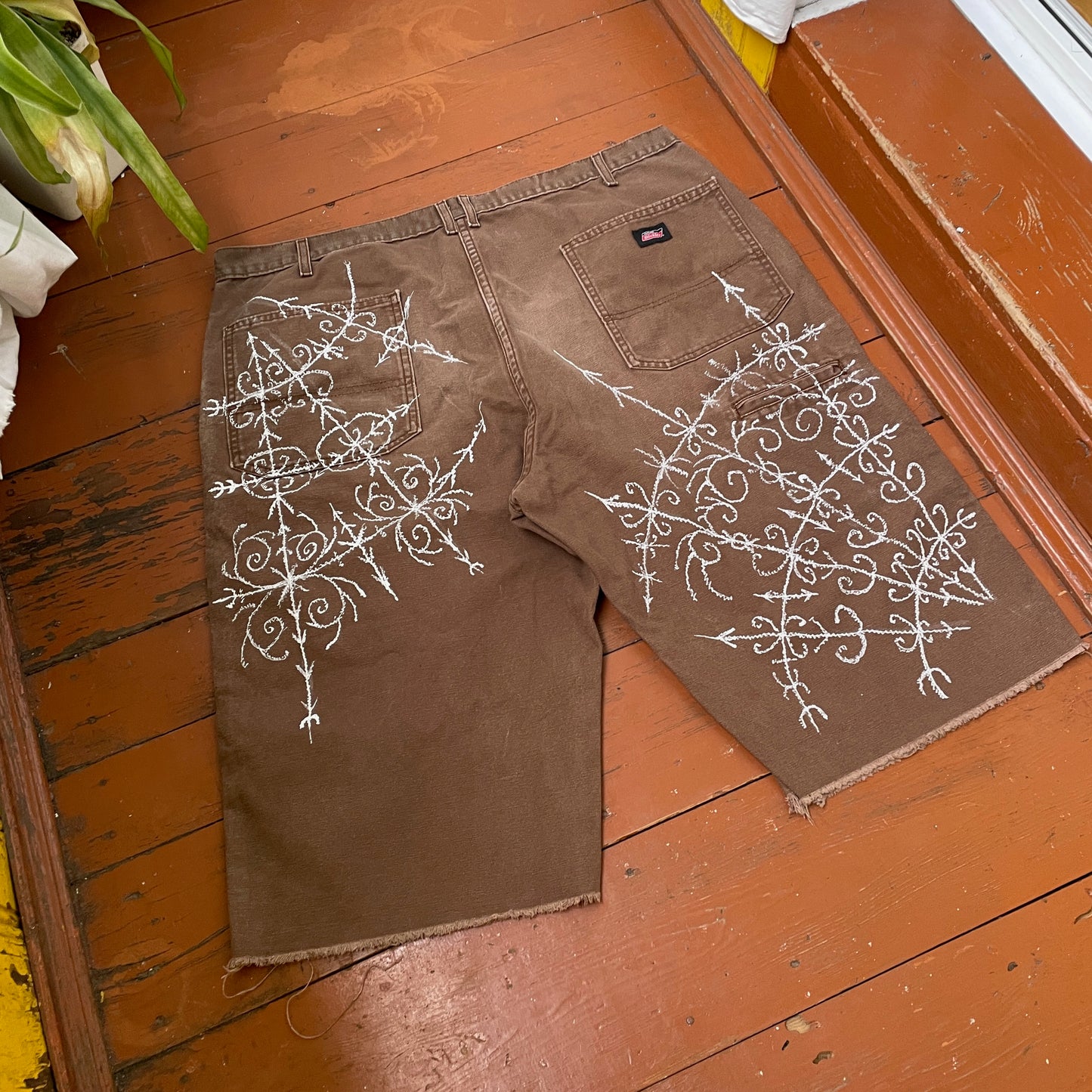 Custom Dickies Shorts – Brown Canvas with Ornamental White Art Print | 1 of 1 Streetwear Piece