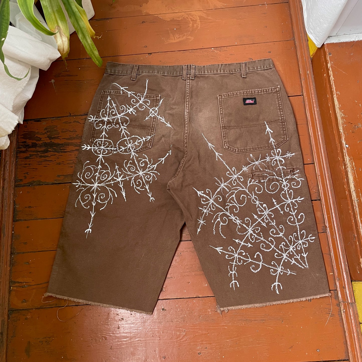 Custom Dickies Shorts – Brown Canvas with Ornamental White Art Print | 1 of 1 Streetwear Piece