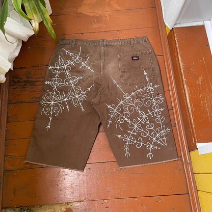 Custom Dickies Shorts – Brown Canvas with Ornamental White Art Print | 1 of 1 Streetwear Piece