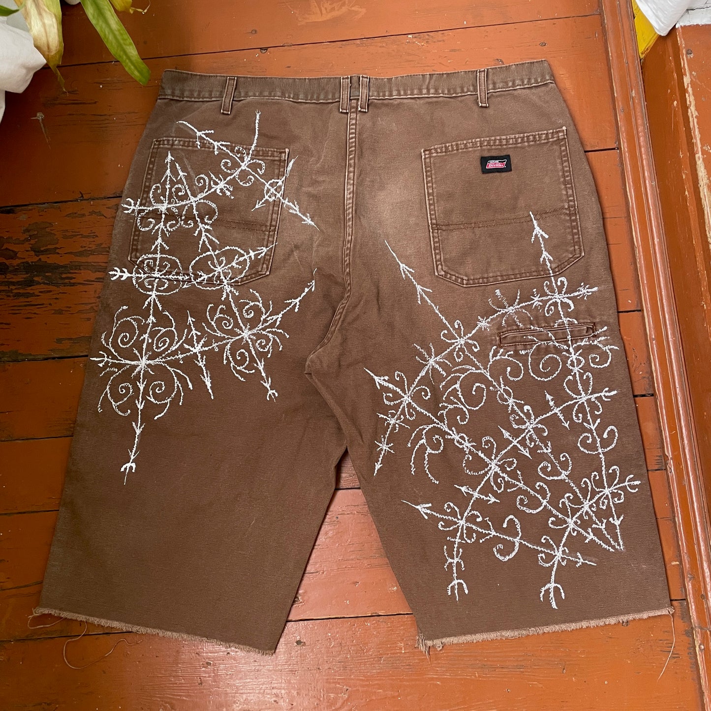 Custom Dickies Shorts – Brown Canvas with Ornamental White Art Print | 1 of 1 Streetwear Piece
