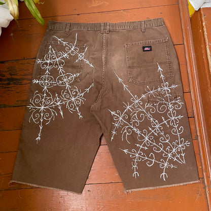 Custom Dickies Shorts – Brown Canvas with Ornamental White Art Print | 1 of 1 Streetwear Piece