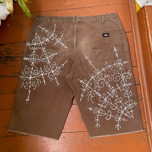 Custom Dickies Shorts – Brown Canvas with Ornamental White Art Print | 1 of 1 Streetwear Piece