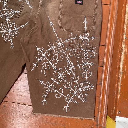 Custom Dickies Shorts – Brown Canvas with Ornamental White Art Print | 1 of 1 Streetwear Piece