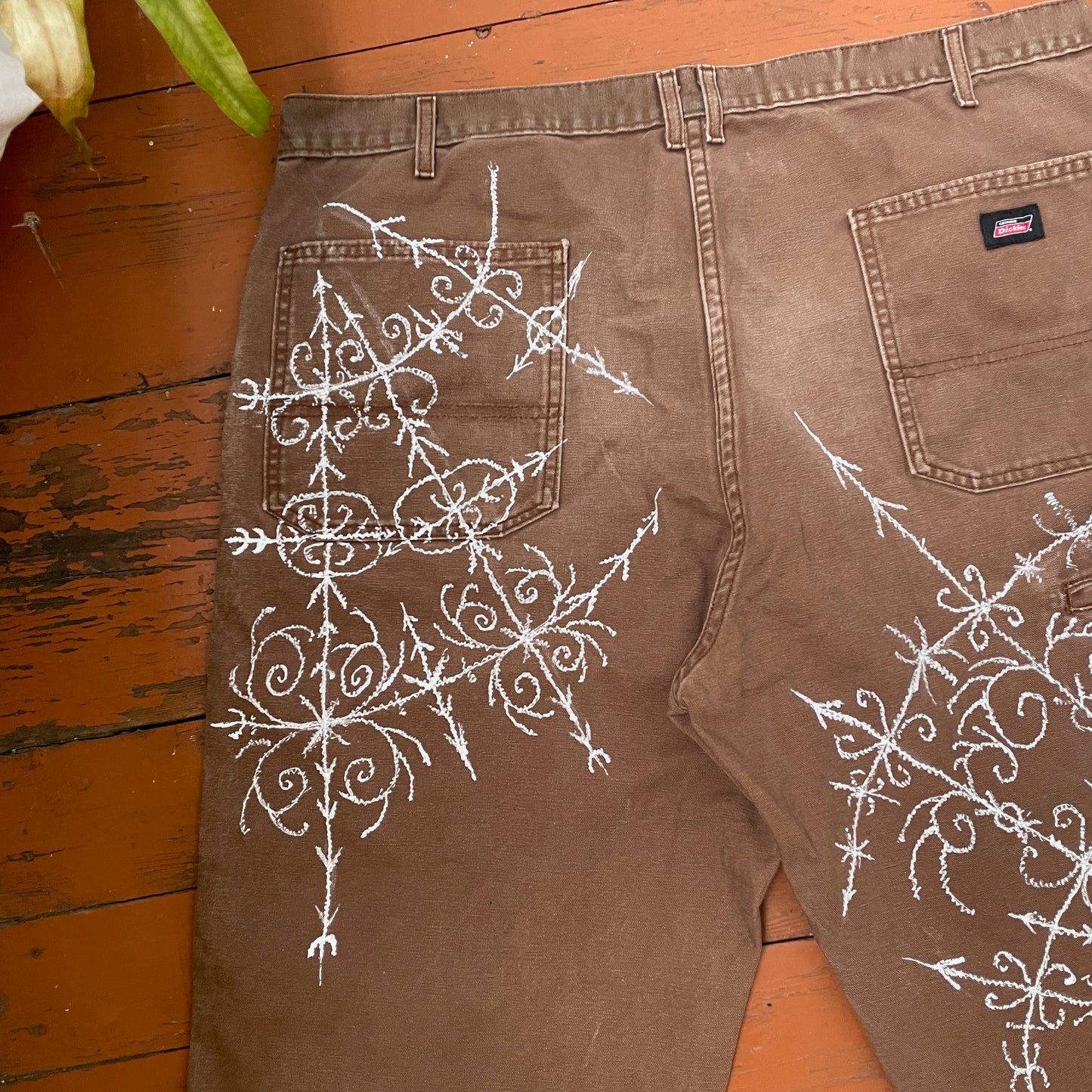 Custom Dickies Shorts – Brown Canvas with Ornamental White Art Print | 1 of 1 Streetwear Piece
