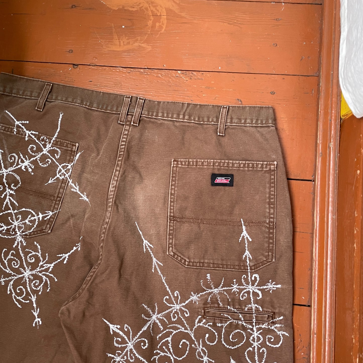 Custom Dickies Shorts – Brown Canvas with Ornamental White Art Print | 1 of 1 Streetwear Piece