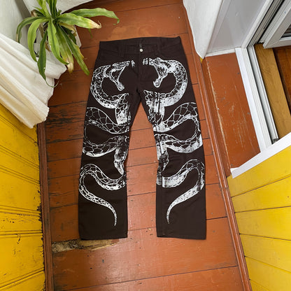 Custom Carhartt Snake Jeans – Handprinted White Serpent on Brown Denim | Alt Streetwear 1 of 1 Pants