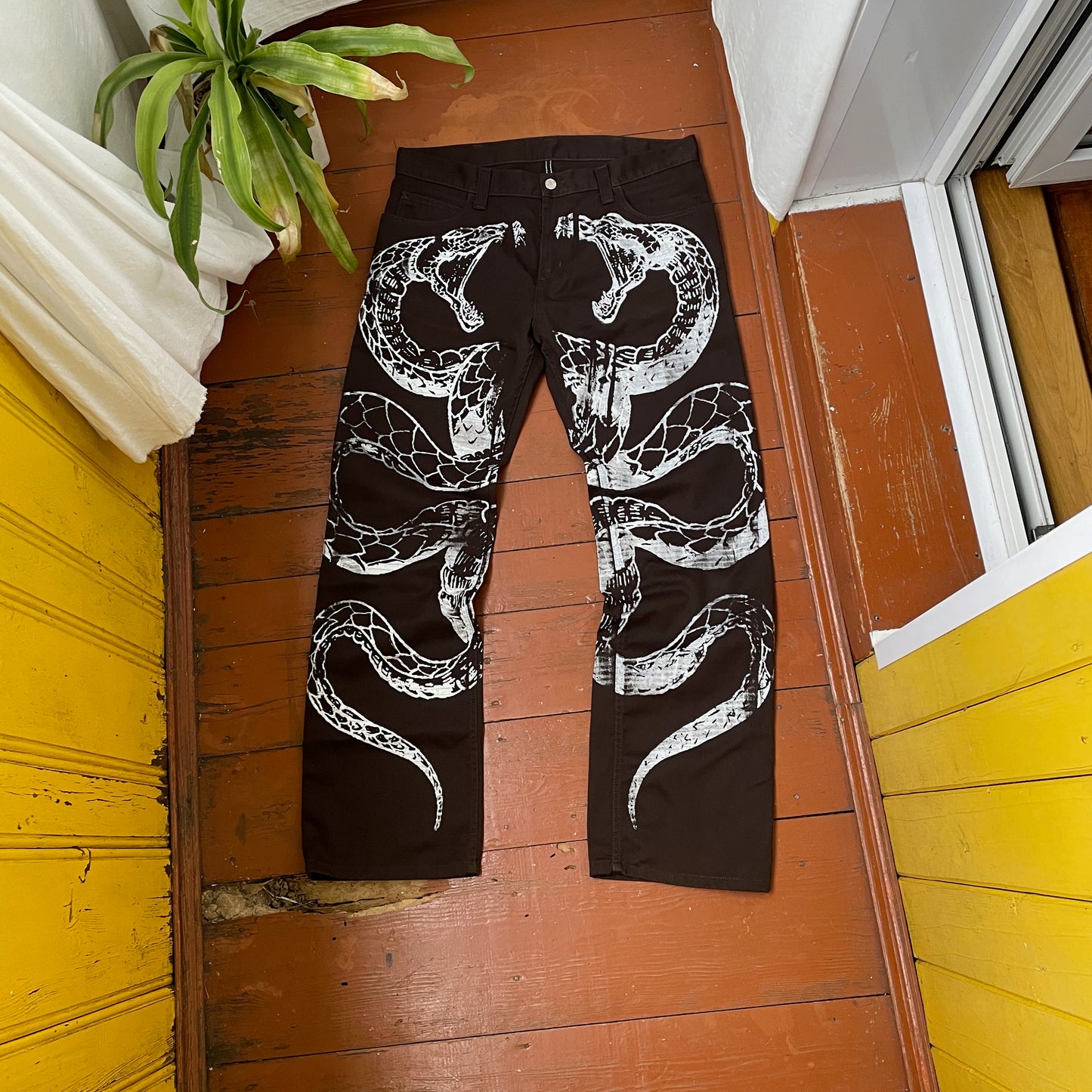 Custom Carhartt Snake Jeans – Handprinted White Serpent on Brown Denim | Alt Streetwear 1 of 1 Pants