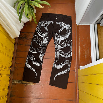 Custom Carhartt Snake Jeans – Handprinted White Serpent on Brown Denim | Alt Streetwear 1 of 1 Pants