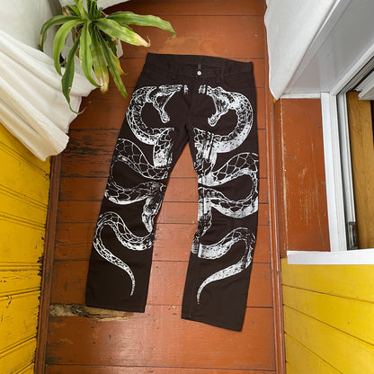 Custom Carhartt Snake Jeans – Handprinted White Serpent on Brown Denim | Alt Streetwear 1 of 1 Pants