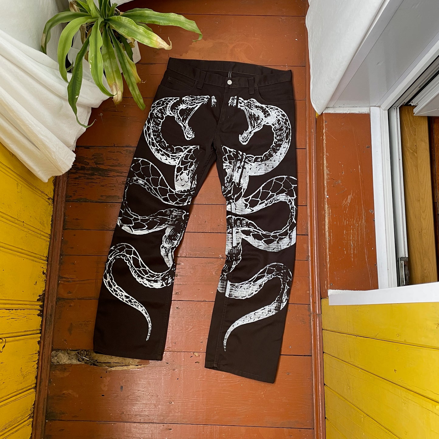 Custom Carhartt Snake Jeans – Handprinted White Serpent on Brown Denim | Alt Streetwear 1 of 1 Pants