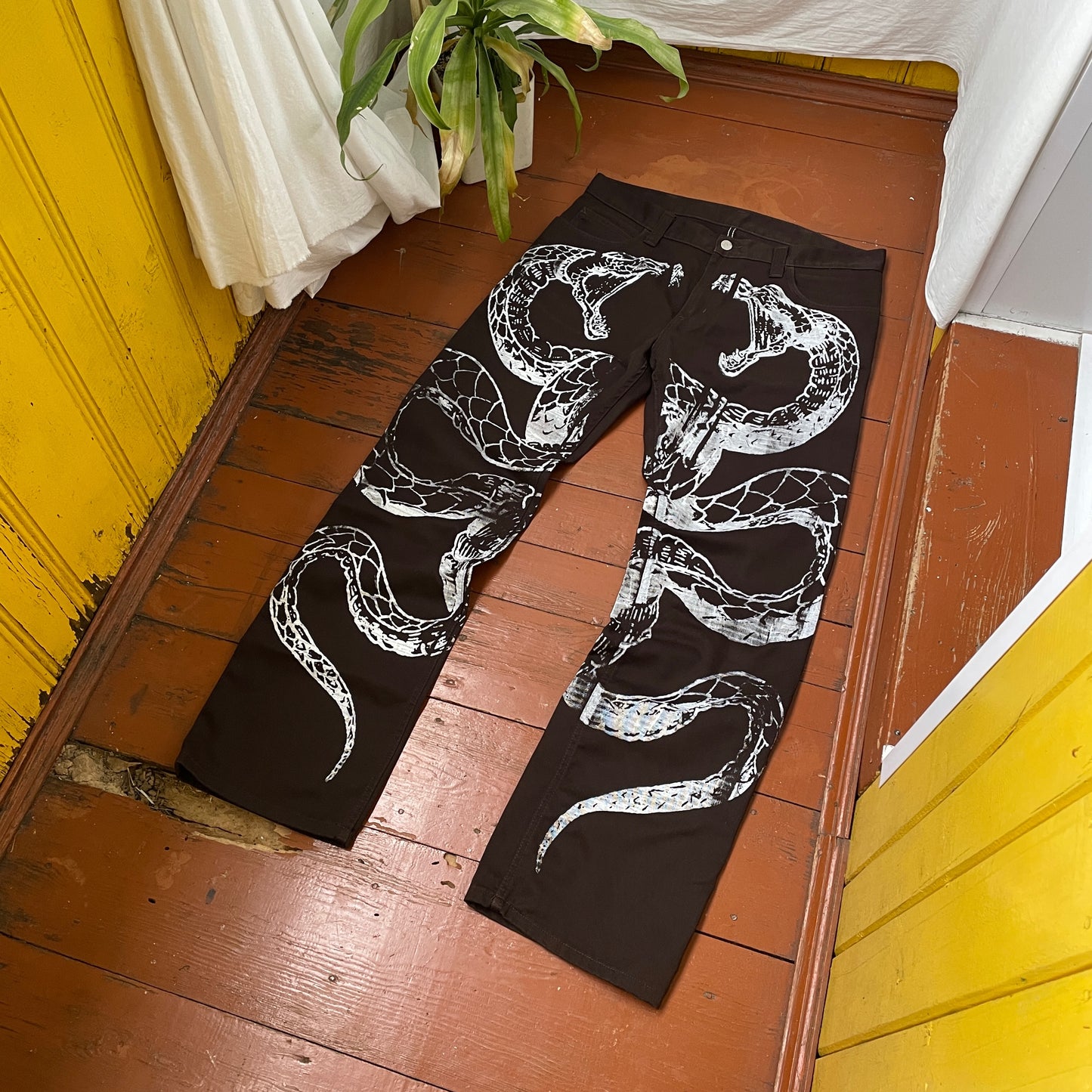 Custom Carhartt Snake Jeans – Handprinted White Serpent on Brown Denim | Alt Streetwear 1 of 1 Pants