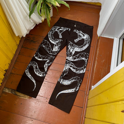 Custom Carhartt Snake Jeans – Handprinted White Serpent on Brown Denim | Alt Streetwear 1 of 1 Pants