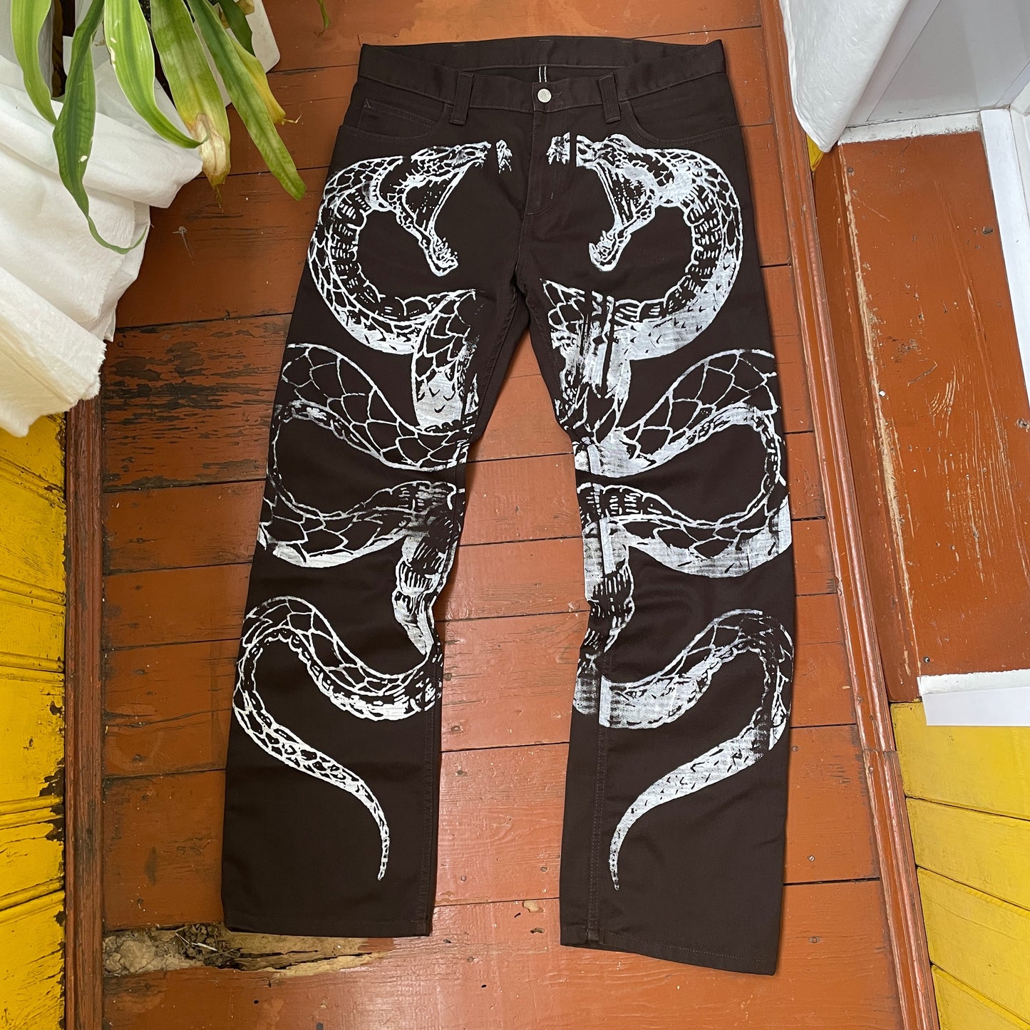 Custom Carhartt Snake Jeans – Handprinted White Serpent on Brown Denim | Alt Streetwear 1 of 1 Pants