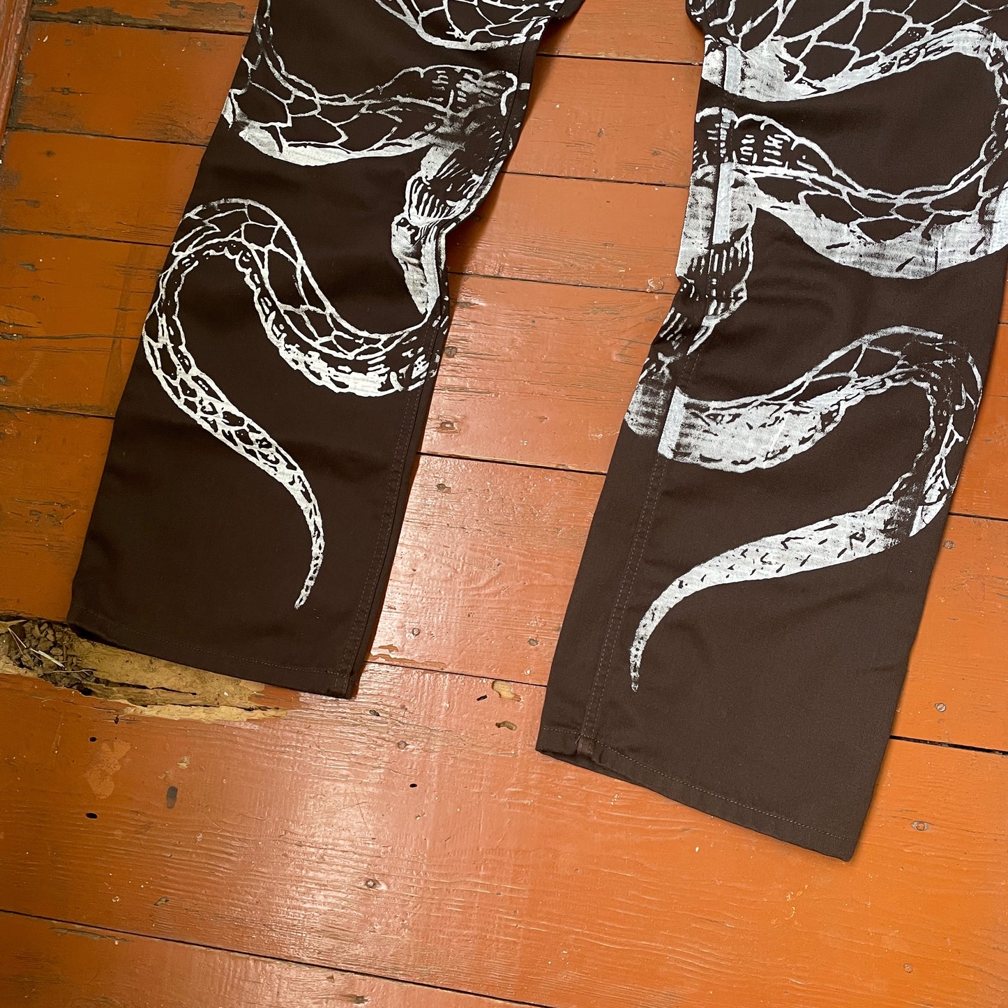 Custom Carhartt Snake Jeans – Handprinted White Serpent on Brown Denim | Alt Streetwear 1 of 1 Pants