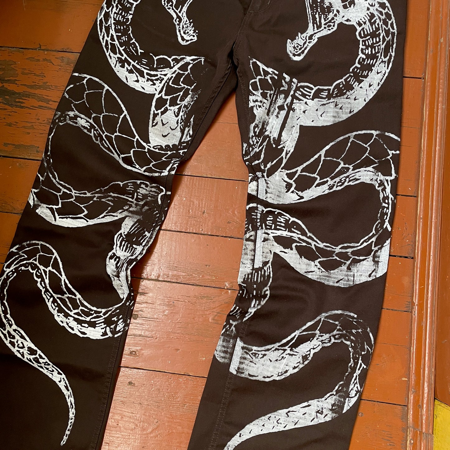 Custom Carhartt Snake Jeans – Handprinted White Serpent on Brown Denim | Alt Streetwear 1 of 1 Pants
